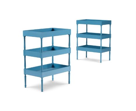 A PAIR OF THREE TIER BLUE PAINTED SIDE TABLES  BY SIBYL COLEFAX & JOHN FOWLER 72cm high, 54cm wide, 32cm deep     Condition R