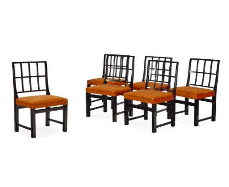 A SET OF SIX EBONISED CHAIRS  MODERN Each with burnt orange velvet upholstered seats Two chairs of a slightly larger scale, 9