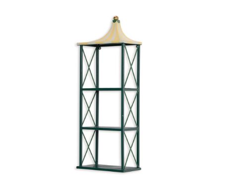 A GREEN, YELLOW AND CREAM TOLE HANGING SHELF   ENGLISH, MODERN  75cm high, 28cm wide, 15cm deep     Condition Report:  As cat