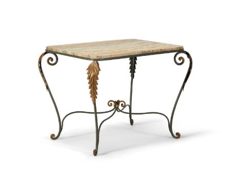 A GILT AND GREEN PAINTED WROUGHT IRON COFFEE TABLE  FRENCH, MID 20TH CENTURY With a figured scagliola top   53cm high, 72cm w