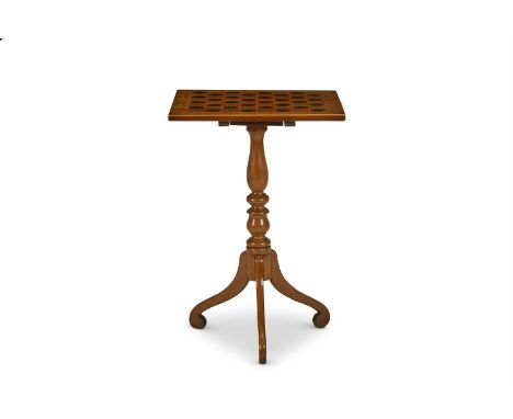 Y AN EBONY, BURR ELM AND MAHOGANY TRIPOD GAMES TABLE  ENGLISH, MID 19TH CENTURY The tilt top inlaid with a chequer board on a