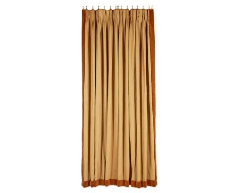 TWO PAIRS OF HAZEL CURTAINS WITH A RUSSET BROWN VELVET BORDER BY SIBYL COLEFAX & JOHN FOWLER  280cm long, 180cm wide   Condit