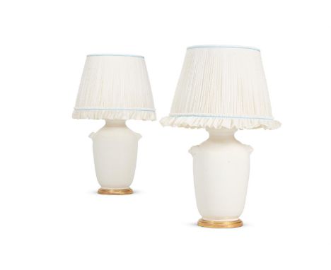 A PAIR OF WHITE GLAZED POTTERY VASE LAMPS  MODERN With mask handles, now mounted and wired as lamp 76cm high overall