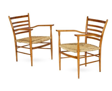 A PAIR OF 'CHIAVARINE' BEECH LADDER BACK ARMCHAIRS  ITALIAN, MID 20TH CENTURY, IN THE MANNER OF PAOLO BUFFA   Each with rush 