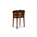 A GEORGE III BRASS-BOUND MAHOGANY COOPERED WINE COOLER ON STAND, LATE 18TH CENTURY