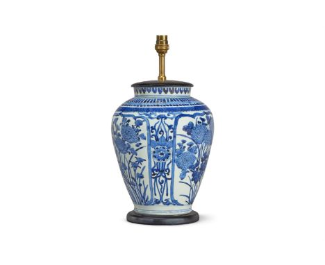 A BLUE AND WHITE SHOULDERED PORCELAIN VASE  JAPANESE, PROBABLY ARITA, 17TH/18TH CENTURY Decorated with floral panels, mounted