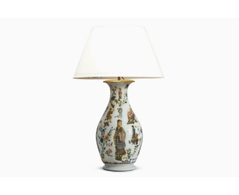 A DECALCOMANIA GLASS VASE OF LARGE SIZE 19TH CENTURY OR LATER  Decorated with Chinoiserie figures, mounted and wired as a lam