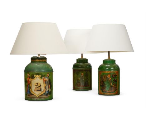 A PARCEL GILT GREEN PAINTED TOLE TEA CANNISTER 19TH CENTURY Decorated with oriental figures and number 2, later mounted and w