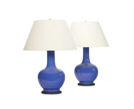 A PAIR OF PERIWINKLE BLUE GLAZED VASES  MODERN Mounted and wired as lamps 72cm high overall   Condition Report:  All lamps wi