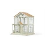 A PAINTED WOOD AND WIRE BIRDCAGE IN THE FORM OF A PAVILION, 20TH CENTURY