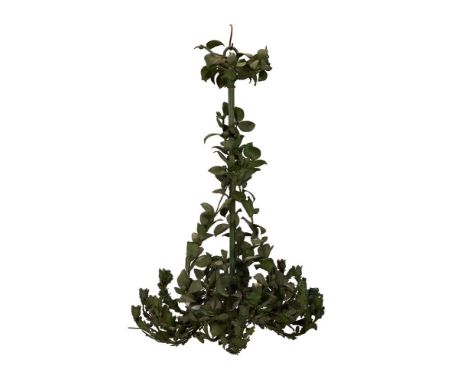 A GREEN PAINTED TOLE TWENTY-ONE LIGHT FOLIATE CHANDELIER  PROBABLY FRENCH, LATE 19TH/EARLY 20TH CENTURY With three electric f