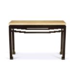 A BLACK-LACQUERED METAL CONSOLE TABLE WITH TRAVERTINE TOP, MODERN