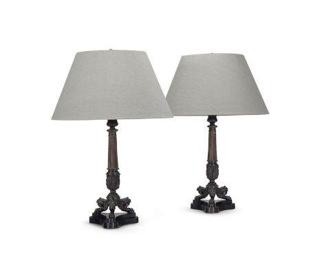 A PAIR OF BRONZE COLUMN LAMPS  LATE 20TH CENTURY, IN THE LOUIS PHILLIPE STYLE 81cm high overall   Condition Report:  One shad