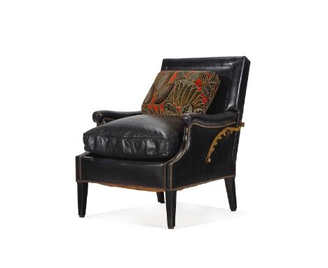 A BLACK LEATHER CLOSE NAILED ARMCHAIR FRENCH, MID 20TH CENTURY  With adjustable back and additional printed velvet cushion 86