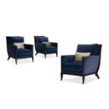 A SET OF THREE BLUE VELVET UPHOLSTERED MAHOGANY EASY ARMCHAIRS BY WILLIAM SWITZER