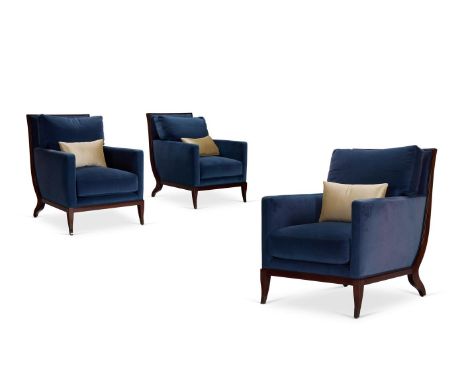 A SET OF THREE BLUE VELVET UPHOLSTERED MAHOGANY EASY ARMCHAIRS  BY WILLIAM SWITZER, LATE 20TH CENTURY The front legs with met