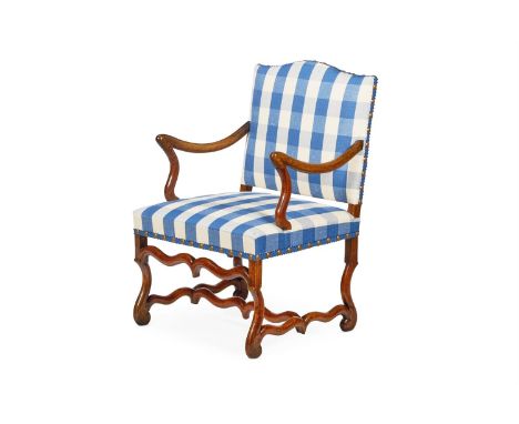 A WALNUT ARMCHAIR  FRENCH, 19TH CENTURY, IN THE 17TH CENTURY STYLE  With Colefax and Fowler 'Eaton check blue' upholstery   9