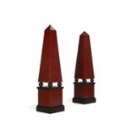 A PAIR OF FAUX PORPHYRY AND BLACK PAINTED FLOOR STANDING WOODEN OBELISKS OF LARGE SIZE, MODERN