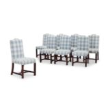 A SET OF EIGHT BLUE AND WHITE CHECK COTTON UPHOLSTERED MAHOGANY DINING CHAIRS, LATE 20TH CENTURY