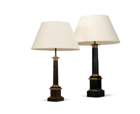 A BRASS MOUNTED BLACK TOLE COLUMN LAMP OF LARGE SIZE FRENCH, MID 19TH CENTURY Labelled 'LAMPE SILVANT', mounted and wired for