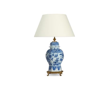 A DELFT BLUE AND WHITE VASE AND COVER DUTCH, 18TH CENTURY With later mounts, wired as a lamp  69cm high overall   Condition R