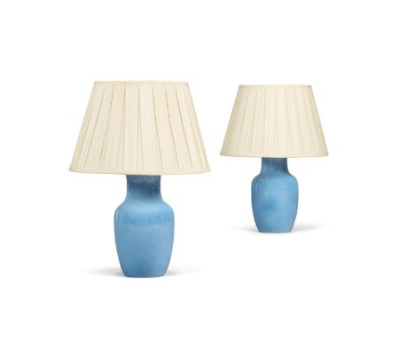 TWO SIMILAR BLUE GLAZED POTTERY LAMPS  MODERN 60cm high overall   Condition Report:  ELECTRICAL GOODS. Sold with a 2025 porta