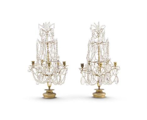 A PAIR OF GLASS FIVE BRANCH CANDELABRA LATE 19TH/EARLY 20TH CENTURY   Hung with glass beads 70cm high, 36cm wide  Condition R