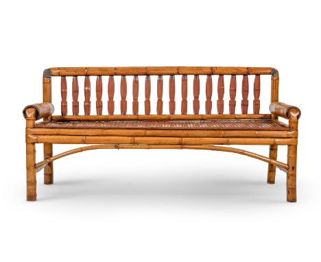 A BAMBOO BENCH   PROBABLY INDONESIAN, MODERN   With slatted back and seat    84.5cm high, 171cm wide, 60cm deep    Condition 