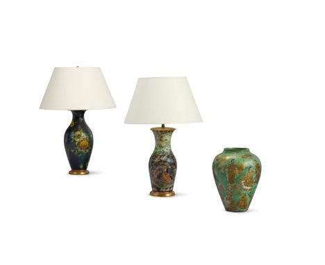A CHINOISERIE DECALCAMANIA GLASS VASE POSSIBLY 19TH CENTURY Mounted and wired as a lamp 58cm high overallTogether with a papi