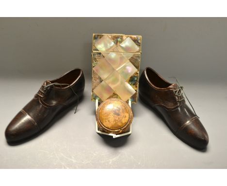 A 19th century treen pocket compass; a mother of pearl card case; a pair of miniature model shoes
