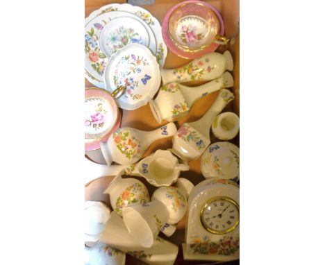 An Aynsley Cottage Garden pattern clock, vases, pairs of vases, a pair of 2539 pattern pink rose cups and saucers; qty 