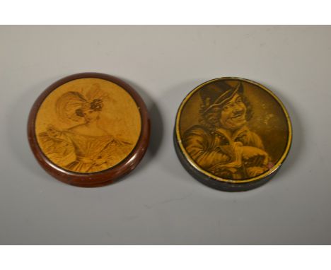 A 19th century circular papier-mâché snuff box, the push on cover applied with a portrait of a lady, 9cm diam; another, simil