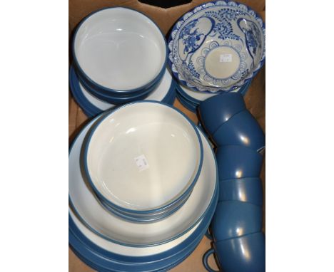 A modern sienna stoneware blue and white dinner and tea service etc 
