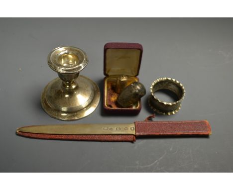 Silver - a 1977 silver Jubilee paper knife, London 1977; a Squat form candlestick; a napkin ring etc (5) 