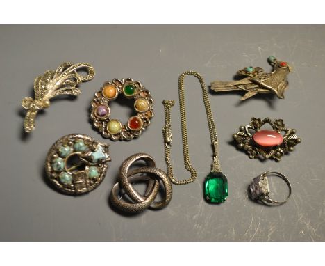 Jewellery - a silver bird brooch set with turquoise and coral; a silver ring; Scottish hard stone; green stone necklace, etc