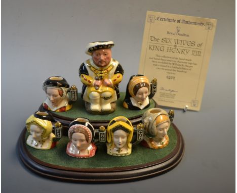 Royal Doulton Henry VIII and his six wives miniature character jugs , hand modelled and painted by William K. Harper, limited