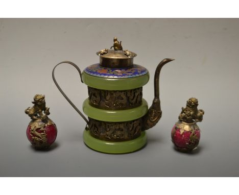 Oriental Boxes and Ojbjects - a Chinese white metal, enamel and pale green jade libation pot and cover; a pair of Chinese gil
