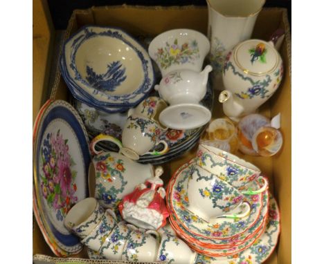 A Royal Couldon Victoria coffee service with bread and butter plate; Caithness vases; Aynsley Wild Tudor; Royal Doulton figur
