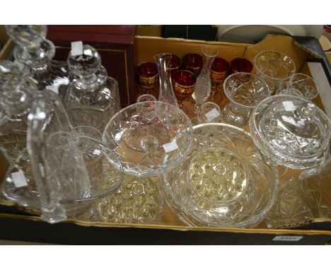 Glassware - a Webb Corbert crystal glass decanter and stopper; others, vases; bowls; candlesticks; bohemian ruby flashed and 
