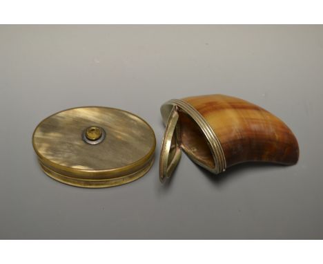 A 19th century hoof snuff box, EP cover and mounts, 8.5cm long; a 19th century Scottish oval horn snuff box, the cover mounte