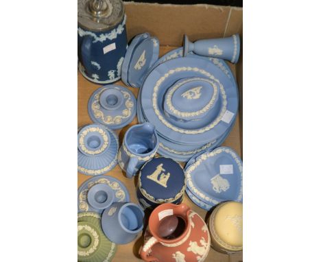 A Wedgewood Jasperware trinket dish and cover; boudoir candlesticks; vases; cream jug, etc