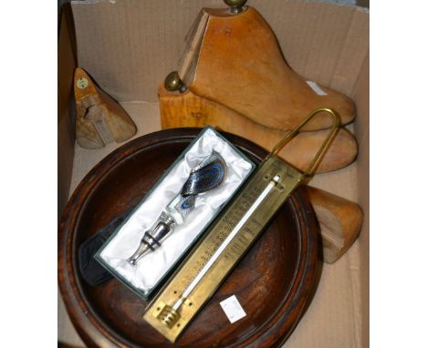 Kitchenalia - a G H Zea brass toffee thermometer; a turned oak bowl; a bottle stopper; a pair of Maxwell, London boot shapers