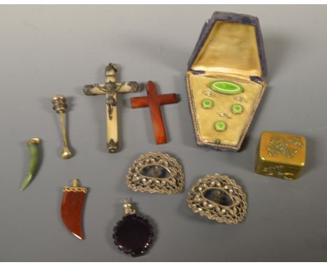 A set of Art Deco enamel studs; a jade claw shaped pendant; an amethyst glass scent bottle; a Japanese box; a mother of pearl