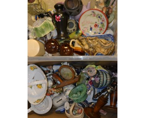 Ceramics - a Sylvac novelty hat; treen candlesticks; loving spoons; decorative figures; Shredded Wheat bowls; etc. (2 boxes)