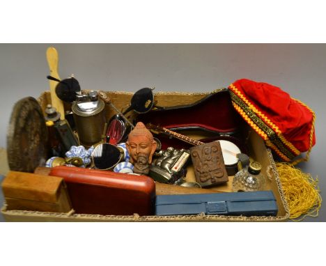 Boxes and objects - a miniature banjo with case; smoking interest; a fezz; a dairy thermometer; a miniature marble lighthouse
