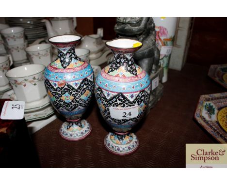 A pair of Persian enamel work Mina Kari baluster vases, profusely decorated 