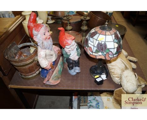 A Tiffany style table lamp, two garden gnomes, toy dog etc.