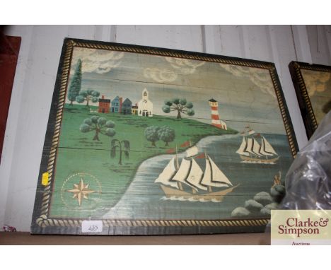 A Naïve school print on board depicting a mermaid amongst sailing ships