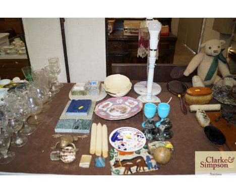 A decorative table lamp with beaded shade, a Carlton ware dish, a Copeland Spode plate, various decorative china, hardstone e