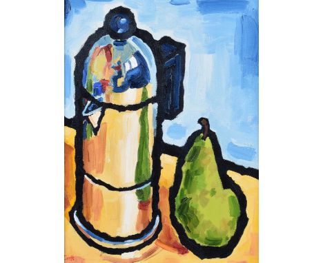 Malcolm Croft (British 1964-) "Self Portrait with Pear" Signed, titled on gallery label - 'Collect Art' verso, oil on canvas.